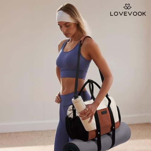 LOVEVOOK Small Gym Bag for Women with Yoga mat Holder, Mini Duffle Bag for Travel with Wet Pocket, Overnight Personal Item Bags, Lightweight Carry on Weekender Duffel for Workout, Dance, Ballet - color: Black-White-Brown, size: 14.5 inch-Small-2Pcs