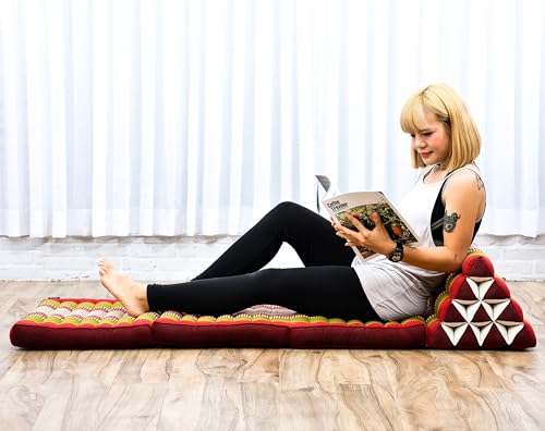 Leewadee - Comfortable Japanese Floor Mattress Used As Thai Floor Bed with Triangle Cushion, Futon Mattress Or Thai Massage Mat, 67 x 21 inches, Green Red | Floor & lounge cushion for relaxing, reading & TV - for meditation & yoga, firm & stable - color: