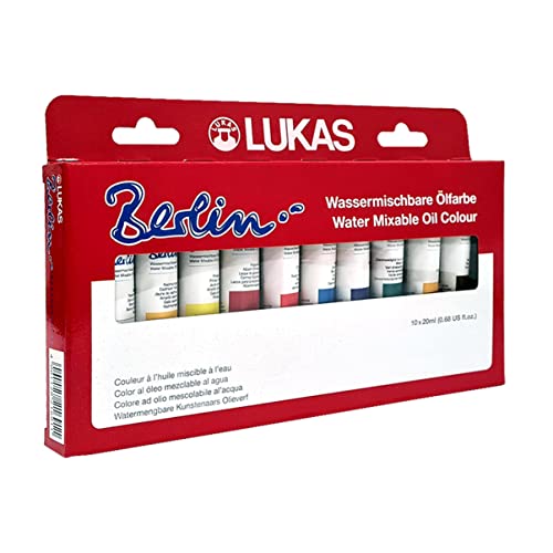Lukas Berlin Pro Artists Water Mixable Oil Paint Set of 10 (20mL) Selection Set of 10-20 ml Tubes, Water Soluble, Lightfast Pigments, Quick Drying, Easy Clean-Up, Eco-Friendly, Professional Quality