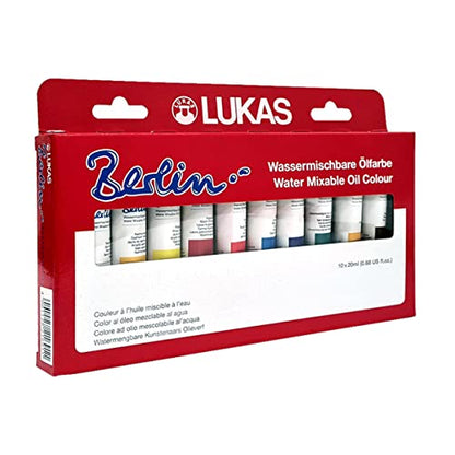Lukas Berlin Pro Artists Water Mixable Oil Paint Set of 10 (20mL) Selection Set of 10-20 ml Tubes, Water Soluble, Lightfast Pigments, Quick Drying, Easy Clean-Up, Eco-Friendly, Professional Quality
