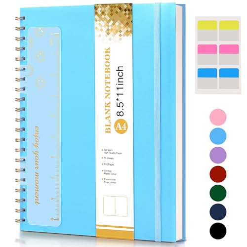 Blank Spiral Notebook Journal 8.5” x 11”, A4 Large Sketch Book for Women Men, 100 GSM Blank Paper Drawing Notebook, Plastic Hardcover Spiral Bound Sketchbook for Sketching Work School Writing, Blue - color: Blue, size: Plain