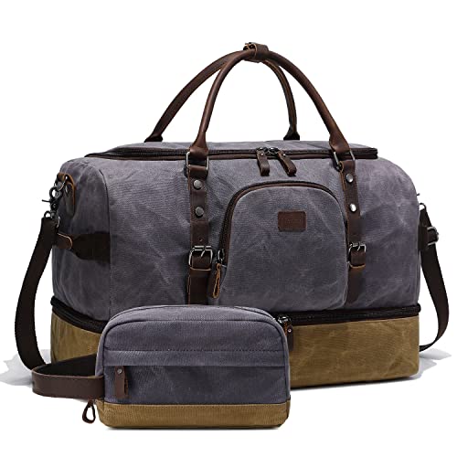 Nerlion Weekender Bag with Shoe Compartment Large Overnight Bag for Men Canvas Genuine Leather Carry on Luggage Bag Travel Duffel Bag(Gray) - color: Gray