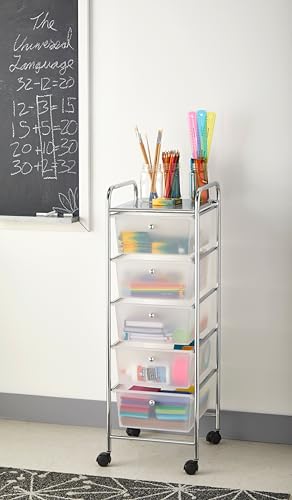 Simply Tidy 5 Drawer Clear Rolling Cart - Mobile Organizer with Removable Drawers, Swivel & Locking Casters, Durable Tubular Frame - 1 Set