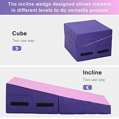 BLKMTY Incline Gymnastics Mat for Kids, 34"x24" Folding Tumbling Cheese Wedge Mats Kids Indoor Exercise Yoga Mat for Gymnastics Home Gym Mats W/Non-Slip PVC Surface and Handle - color: Pink & Purple