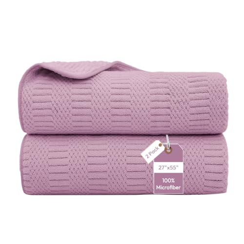 JML Microfiber Bath Towels, 2 Pack, 27x55 in, Purple | Soft, Super Absorbent, Quick Dry, Lint-Free, Lightweight Bathroom Towel with Hanging Loop for Daily Use - color: Diamond Cross Grid Purple, size: 2 Pack (27 in x 55 in)