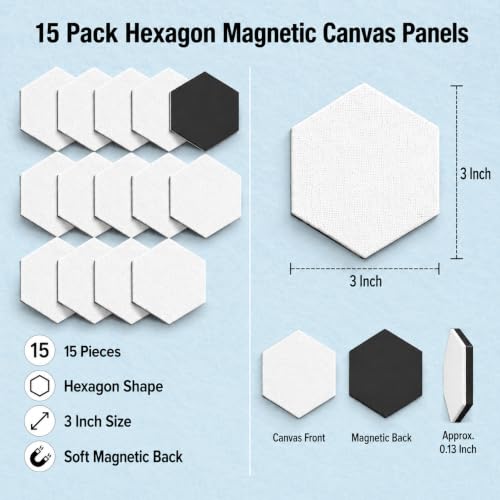 15 Pack Hexagon Magnetic Canvas Panels, 3 Inch Mini Painting Boards | Paint, dry and display as refrigerator decor for classroom crafts, art parties and handmade gifts for friends or classmates. - style: Hexagonal-15pcs