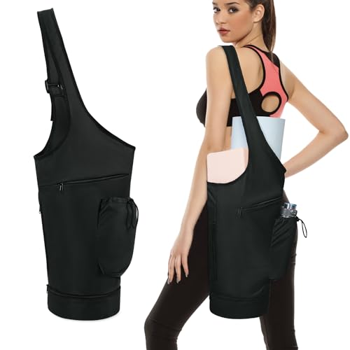 sportsnew Yoga Mat Bag, Large Opening Long Tote Yoga Mat Carrier Holder Bag with Waterproof Wet Pocket and Drawstring Water Bottle Pocket, Adjustable Shoulder Strap Storage Bag, patent pending - color: Black