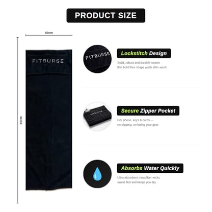 Microfiber Gym Towel with Zipper Pocket – Quick Dry Sweat Absorbent Workout Towel with Secure Pocket for Phone, Keys & Gym Essentials