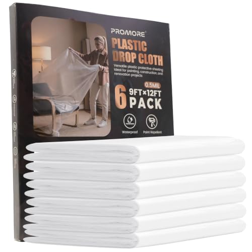 6 Pack Plastic Drop Cloth, 12x9 Ft, Disposable | Painter's Sheeting & Tarps for Painting, Furniture, Walls, and Floor Protection - size: 0.5mil-6Pack