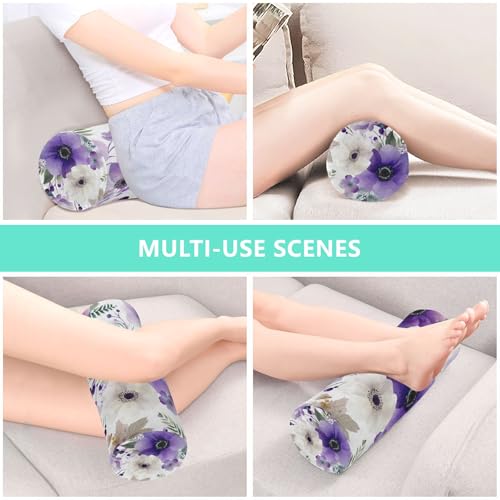 Purple White Lotus Flowers and Berries Neck Roll Pillow Bolster Round Health Memory Foam Long Cervical Cylinder Pillows with Removable Washable Cover for Body Bed Legs Back Yoga - color: Blue and White Silver Lotus Flowers and Berries