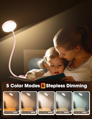 LiFMIRA Desk Lamp Clip on Light 8W 66 LED Reading Light for Bed Pink | 5 Colors 10 Dimming Levels, Eye Caring Metal Reading Lamp, Clip lamp for Bed Headboard Home Office - color: Pink