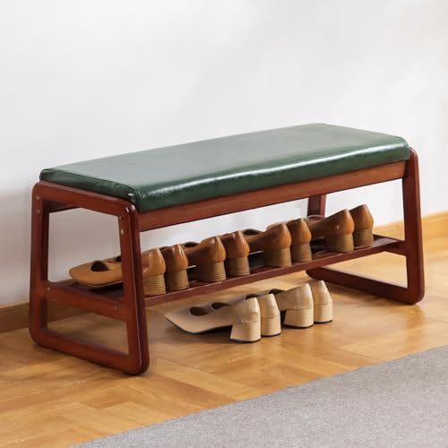 latifolia Solid Wood Bench, Entryway Shoe Bench with Cushion, 2 Tier Shoe Storage Organizer for Hallway, Living Room(Green,31.50''L) - color: Green, size: 31.50''L