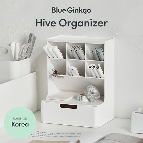 BLUE GINKGO Hive Pen Desk Organizer, White, Made in Kore | 6 Compartments. Full Drawer. Everyday Storage. - color: WHITE, size: Hive