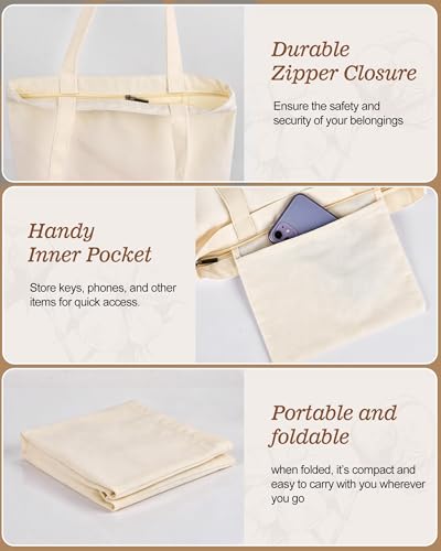 Canvas Tote Bag with Zipper for Women, Halloween Trick or Treat Bags Bulk | 13.8" x 15.3" Fashionable Two-Tone Cotton Tote Bag for Crafts, DIY Your Creative Designs - color: [A2] Beige