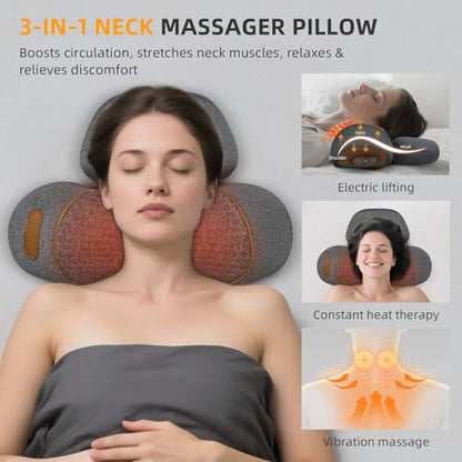 3-in-1 Neck Massager Pillow with Heat & Traction, Deep Tissue Cervical Traction Device for Neck Hump Corrector, Shoulder & Upper Back Pain Relief, Relaxing TheraPillow Support