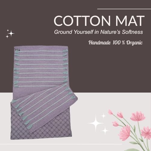 Indian Handmade100 % Organic Anti Skid Multi Colour Cotton Yoga Mat - Eco-Friendly Hand-Woven Rug - Non-Slip & Thick (24”x72”x5mm) for Hot yoga & Everyday Fitness at Home - Comfortable & Foldable Extra-Long Mat - color: Lilac
