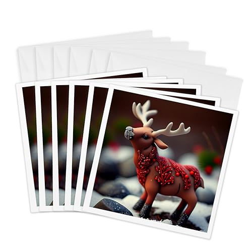 3dRose, Photograph of a miniature reindeer sculpture made of polymer clay., 6 Greeting Cards with envelopes - size: 6 Greeting Cards with envelopes