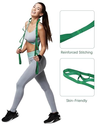 10 Loop Yoga Stretching Strap for Physical Therapy - Non-Elastic Exercise Band for Pilates, Yoga, Stretching for Women & Men - color: Green