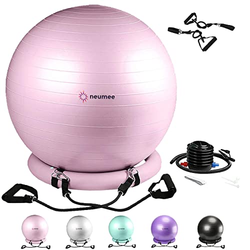 Yoga Ball Chair with 65cm Exercise Ball & 2 Resistance Bands, Stability Base for Home Office, Yoga, Pilates & Fitness, Balance Ball for Posture, Core Strength & Low Impact Workouts - color: Pink