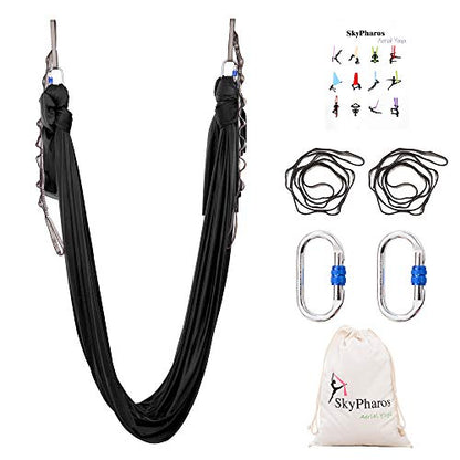 5.5 Yards Aerial Silks Yoga Swing Set - Aerial Yoga Hammock Kit Anti-Gravity Flying for Fitness, Low/Non Stretch Nylon Tricot Fabric Hardware Included for Dance - color: BLACK