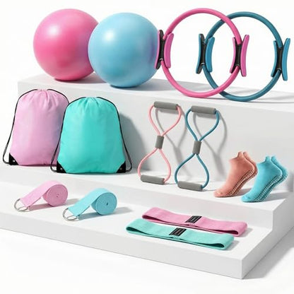 Poen Pilates Equipment Kit for Home Workout Pilates Ring and Ball Set for Women 12'' Circle Yoga Fitness Essentials Kit with Resistance Bands, Yoga Strap, Socks,Bag - color: Pink, Green, Blue