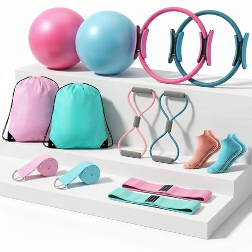 Poen Pilates Equipment Kit for Home Workout Pilates Ring and Ball Set for Women 12'' Circle Yoga Fitness Essentials Kit with Resistance Bands, Yoga Strap, Socks,Bag - color: Pink, Green, Blue