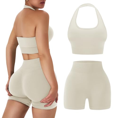 OLCHEE Womens Workout Sets 2 Piece Halter Sports Bra Scrunch Butt Shorts | Seamless Gym Set, Yoga Pilates Outfit, Matching Athletic Clothing, Activewear, Scoop Neck, Padded, High Waist - color: Cream, size: X-Small