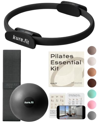 Pilates Kit | Pilates Equipment Set for Home Workouts | Accessories & Guide | Matching-color Pilates ball, Pilates ring, resistance bands, Pilates accessories, video tutorials & gift box for home use. - color: Black, style: Essential Kit - 3PC