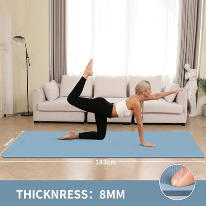 8mm Extra Wide 80cm Yoga Mat Non Slip | Spacious 80cm x 72" mat for tall users, gym, pilates. POE, reversible dual-color, non-slip, tear-proof, odorless, strap. - color: Blue-gray+Navy blue