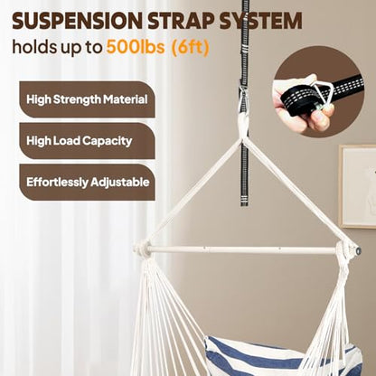 Chihee Hammock Chair Foot Rest 2 Cushions Max 485 lbs Metal Spreader Bar | Robust Hanging Chair Soft Cotton Blended Swing Collapsible Easy Storage Strong Strap Iron Carabiner Pocket Indoor Outdoor - color: Blue/White Stripes