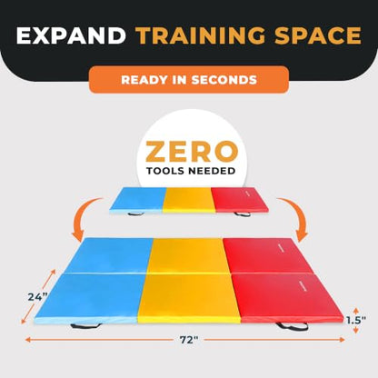 BalanceFrom 6x2 Feet 3-Panel Folding Gymnastics Mat – 1.5-Inch Thick Pad with Vinyl Surface and Carrying Handles for Tumbling, Yoga, Pilates, Home Workouts, and Martial Arts - color: Multi-Color