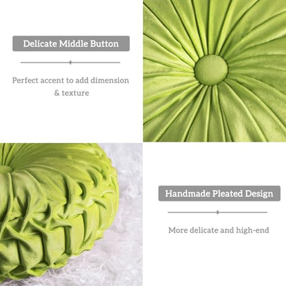 HIG Set of 2 Apple Green Velvet Decorative Round Pleated Throw Pillows - color: Apple Green