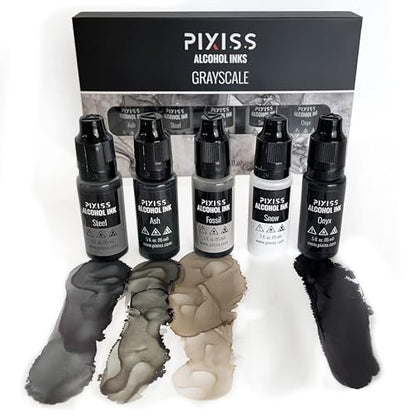 Pixiss Grayscale Alcohol Ink Set - 5 Shades of Highly Saturated Alcohol Ink for Epoxy Resin Supplies, Yupo Paper, Tumblers, Coasters - Resin Colorant for Epoxy Resin and Resin Art Supplies - color: White