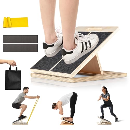 Calf Stretch Board - Incline Board, Slant Boards for Exercise, Squats Calf Stretcher, 300lbs Wooden Incline Wedge, Stretcher for Squats with Loop Band & 2 Sand Papers, Calf-Stretch Boards for Knees