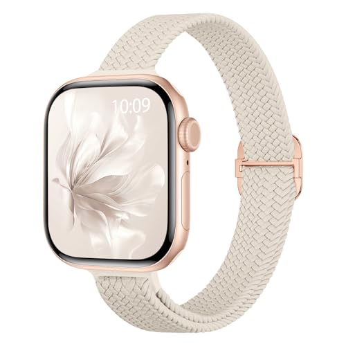 Slim Braided Stretchy Band Compatible with Apple Watch Bands Women | 40mm 41mm 42mm 38mm 44mm 45mm 46mm 49mm Thin Elastic Nylon Solo Loop Strap ,Wristband for iWatch Series 11 10 9 8 7 6 5 4 SE - color: Starlight, size: 38/40/41/42mm