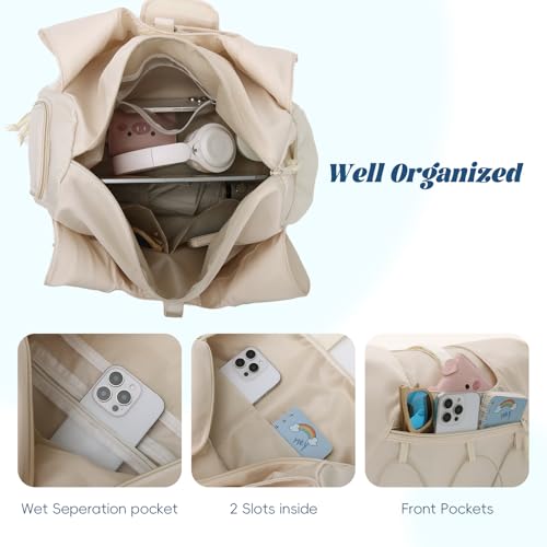 Oweisong Gym Bag for Women Sports Duffel Bag Lightweight Yoga Tote Travel Carry On Handbag with Shoes Compartment - color: Begie