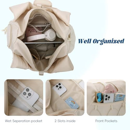 Oweisong Gym Bag for Women Sports Duffel Bag Lightweight Yoga Tote Travel Carry On Handbag with Shoes Compartment - color: Begie