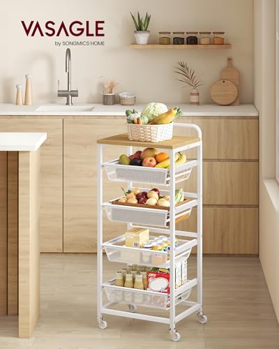 VASAGLE Storage Rolling Cart with Pull-Out Baskets, 5-Tier Utility Cart Orgnizer with Wheels for Laundry Room, Kitchen, Handle, 12.5 x 15.8 x 37.4 Inches, Golden Oak and Matte White ULRC041YA01 - color: Golden Oak + Matte White, size: 5 Tiers
