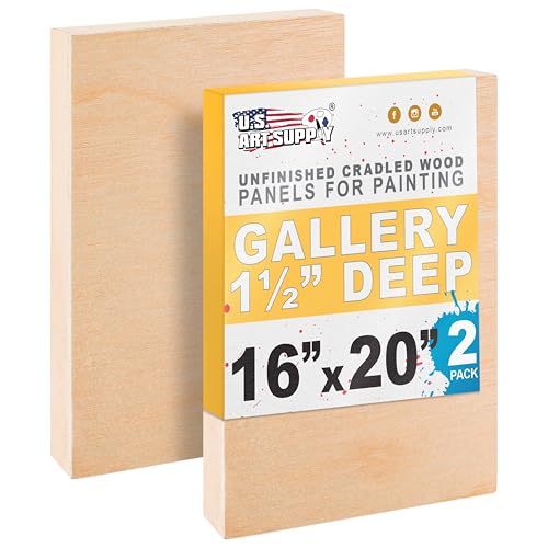 U.S. Art Supply 16" x 20" Unfinished Cradled Wood Panels for Painting, Gallery 1-1/2" Deep (2 Pack) - Artist Depth Wooden Wall Canvases - Mixed-Media Craft, Acrylic, Oil, Encaustic, Paint Pouring - style: 16 Inch x 20 Inch