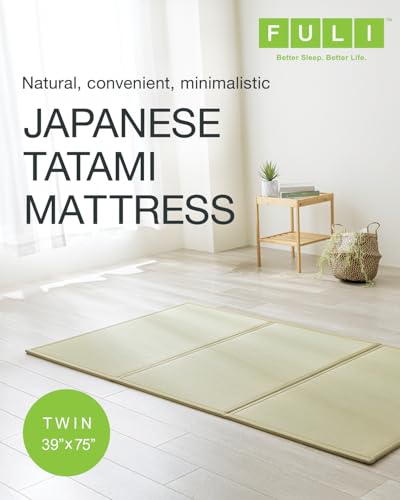 FULI Japanese Tatami Mattress, Foldable Igusa Rush Grass, Natural, Twin | Tatami Rug, Japanese Floor Mattress Mat, Made in Japan, 0.5 in thick, firm woven surface, tri-fold design - size: Twin (75"L x 39"W x 0.5"Th), style: Foldable Mat