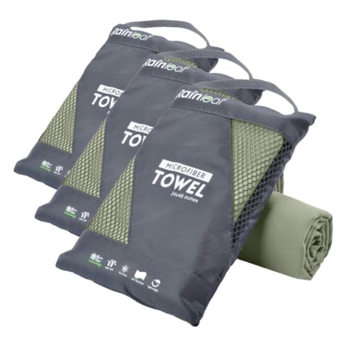 Rainleaf Microfiber Towel Quick Dry Camping & Travel & Gym Towel. Compact | Super Absorbent, Lightweight, Fast Drying. Suitable for Beach, Bath, Backpacking, Hiking, Swim. - color: Army Green, size: 48.00" x 24.00" (Pack of 3)
