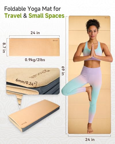 Rocalt Foldable Cork Yoga Mat, Non Slip Travel Pilates Workout Mat | 69" x 24" x 0.25", accordion-fold design, POE backing, carry strap for yoga, stretching and travel