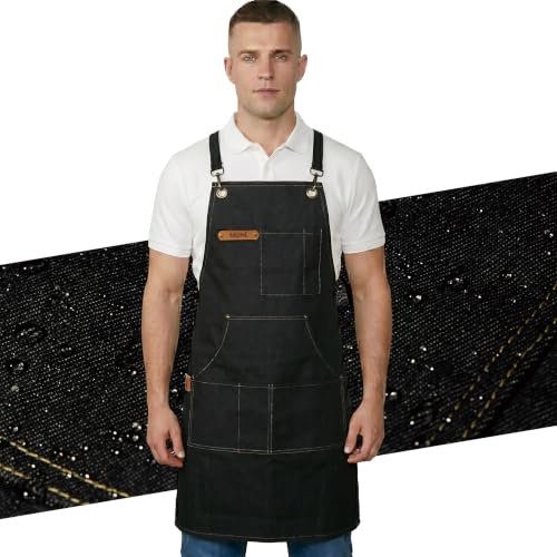 Professional Unisex Chef Apron – Cross-Back, Large Pockets, Water-Resistant Cotton Canvas - color: Black Denim