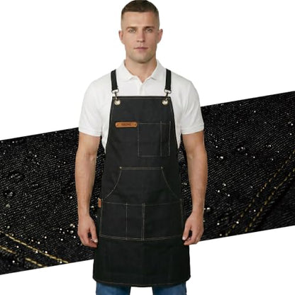 Professional Unisex Chef Apron – Cross-Back, Large Pockets, Water-Resistant Cotton Canvas - color: Black Denim