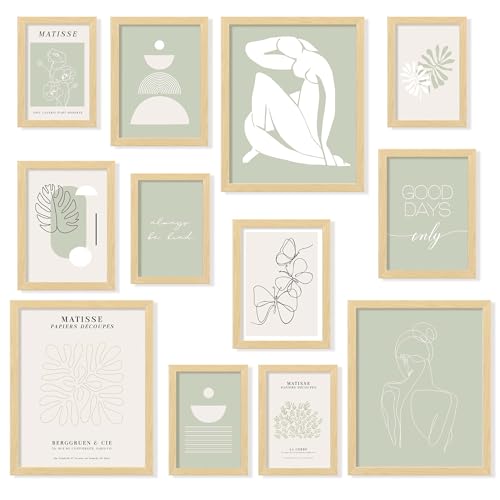 97 Decor Sage Green Wall Art, 12 Boho Abstract Prints, 8x10 Unframed | Cardstock prints, 3 pcs 8x10, 4 pcs 5x7, 5 pcs 4x6, neutral beige green tones, dorm and teen bedroom gallery wall - color: Sage Green Soft