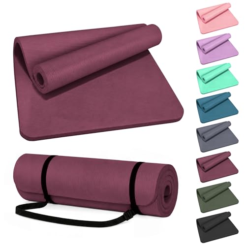 HULKFIT High Density Non Slip Yoga Mat, Extra Thick Exercise Mat with Carrying Strap, for Pilates, Fitness, Home Gym & Floor Workouts - Multiple Thickness & Multiple Color - color: Burgundy, size: 71"L x 24"W x 1"Th