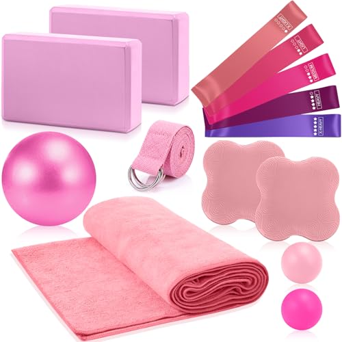 Simgoing 14 Pcs Yoga Kits for Home Workouts Pilates Equipment Set for Women Beginners, Hot Yoga Towel Blocks Strap, Knee Pad, Resistance Loop Exercise Band, Massage Lacrosse Ball, Pilates Ball - color: Pink