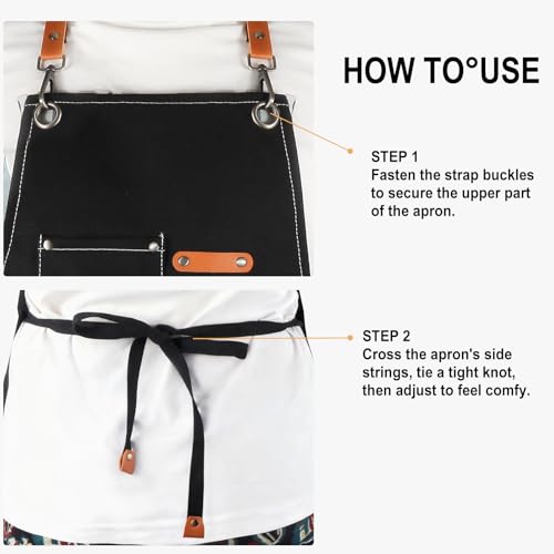 Men's Canvas Tool Apron, Heavy Duty Multi-Pocket Work Apron for Woodworking Gardening Bartender Adjustable Straps - color: Black