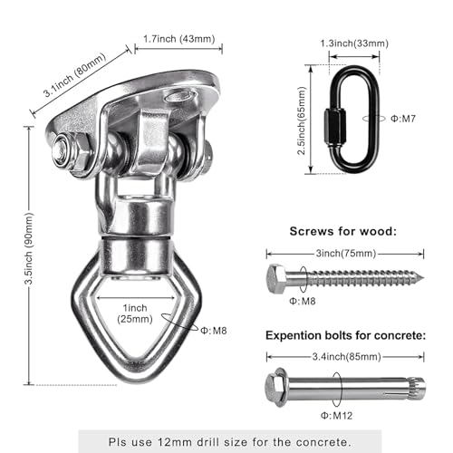 Swing Hanger Ceiling Mount with Double Bearing Hanging Chair Hanger 900 LB Capacity Stainless Steel Hammock Hardware 360° Swing Hook for Aerial Silks, Punching Bag, Hanging Chair, Gymnast Ring - color: 2 Holes Base Silver Swing Hanger