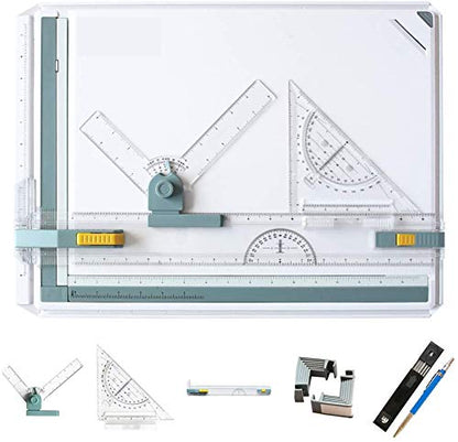 Inch A3 Drawing Board Drafting Table Multifunctional Drawing Board Table with Clear Rule Parallel Motion and Angle Adjustable Measuring System - size: 14"W x 19.7"H